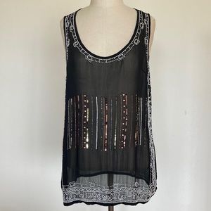 Sheer black sleeveless beaded and sequined top, scoop neck, S